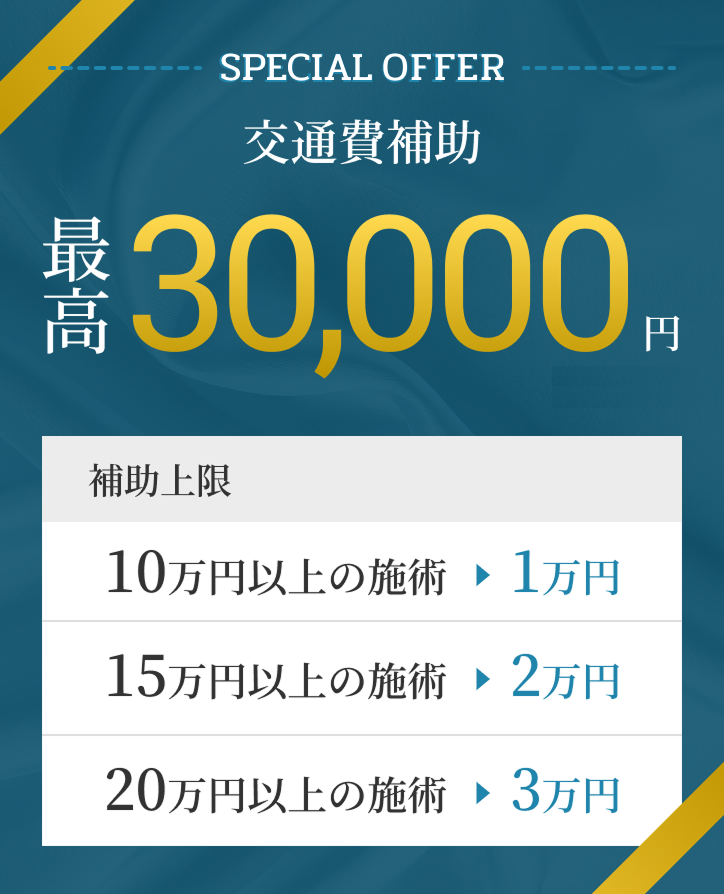 交通費補助：最高￥30,000まで補助。補助上限額：10万円以上の施術は1万円。15万円以上の施術は2万円。20万円以上の施術は3万円。